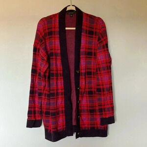 Ann Taylor purple red plaid  long cardigan